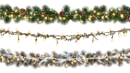 Vector Christmas string lights set glowing LED garlands on transparent background PNG clipart for holiday decoration invitations banners and postcards