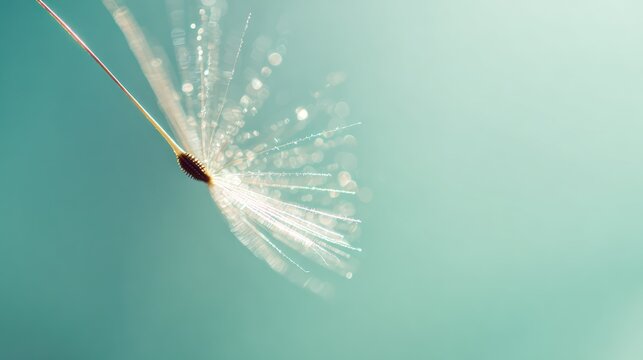 Macro photograph of a dandelion seed head with water droplets against a soft background