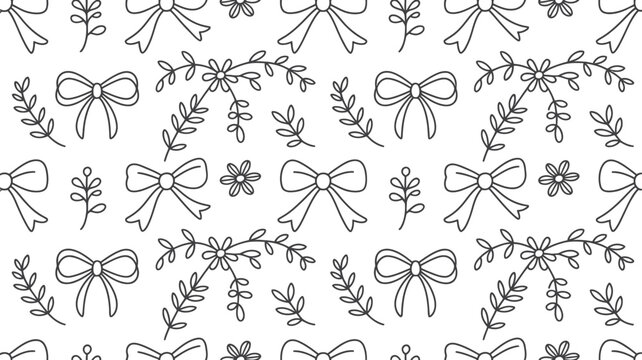 Seamless pattern with bows flowers and branches in doodle style on a white background design element silhouette