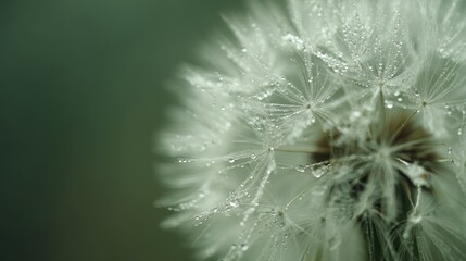 Detailed close up of dandelion seed head with water droplets against green background