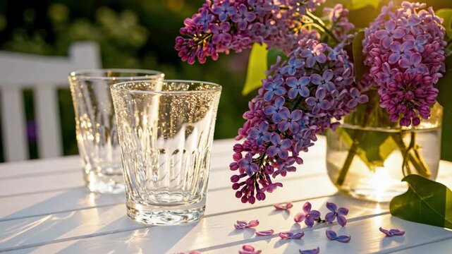 Lilacs and Glasses on White Table - Two empty glasses stand beside a vase filled with purple lilac flowers on a white wooden table.