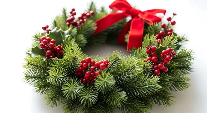 A beautiful green Christmas wreath adorned with red berries and a festive red bow.