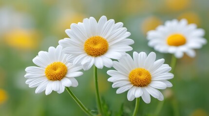 Obraz premium Fresh White Daisies with Bright Yellow Centers Surrounded by a Soft Green Background in a Sunny Meadow Atmosphere of Springtime Blossoms