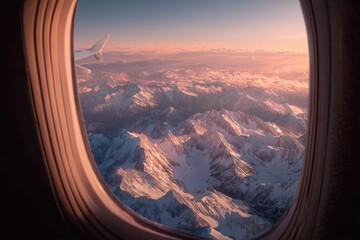a window of an airplane reveals a breathtaking view of majestic snow capped mountains under a clear sky, taken from the perspective of the plane's cabin during sunrise or sunset