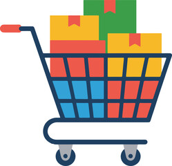 Shopping cart filled with colorful merchandise boxes, a flat icon design © MC Creative