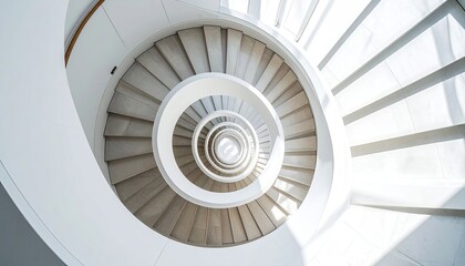 Fototapeta premium Abstract Spiral Staircase Viewed From Above With Natural Sunlight Illuminating White Concrete Steps And Smooth Interior Walls Providing A Sense Of Depth And Modern Architecture