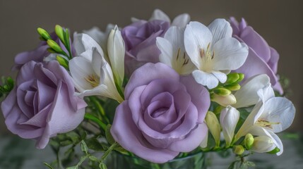 Close up view of a bouquet of purple roses and white freesia flowers