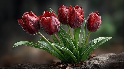 A row of vibrant red tulips growing in a garden bed, with dewdrops glistening on their petals in morning light. ,