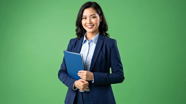 A smiling Asian woman in a suit holding a blue folder stands against a green background