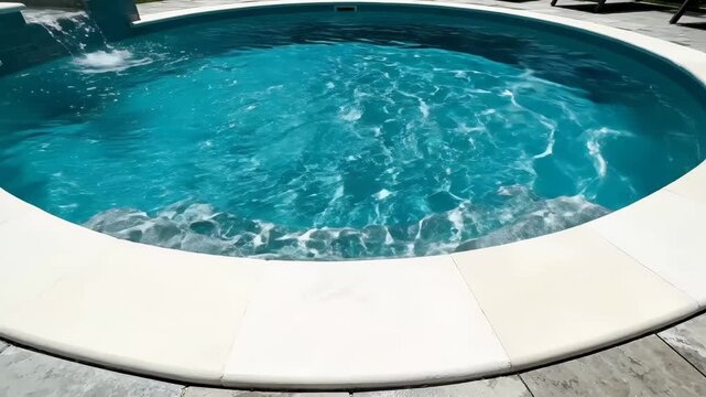 Turquoise Water in a Round Hot Tub - A clear view of the turquoise water inside a round hot tub. A waterfall feature adds movement and bubbles to the surface of the water, as well as providing a