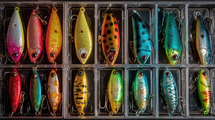 Obraz premium an assortment of fishing lures displayed in a clear case with compartments. each compartment holds a different style of fish lure designed for various types of fish