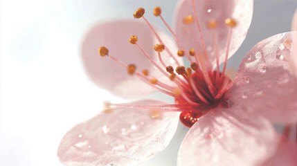 Fototapeta premium Close up of a delicate pink flower with water droplets against a white backdrop