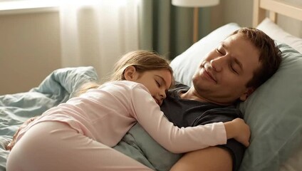 Sleeping Little Girl Hugging Father Lying in Bed Together