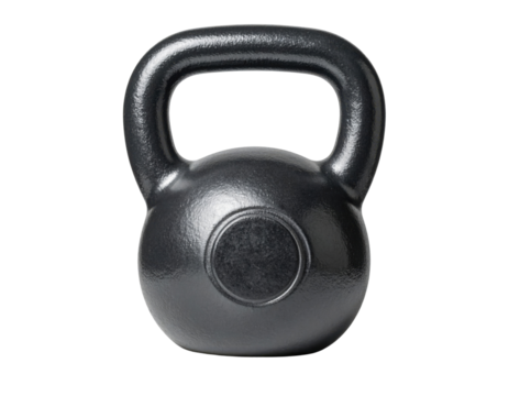 A shiny, black kettlebell with a handle, designed for weight training and strength exercises.