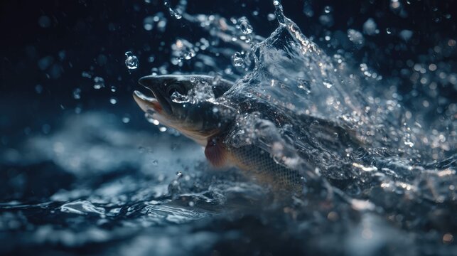 a dynamic underwater scene with a fish in sharp focus being chased by water droplets. the photo captures the fish's swift movement through water, creating a sense of motion and energy