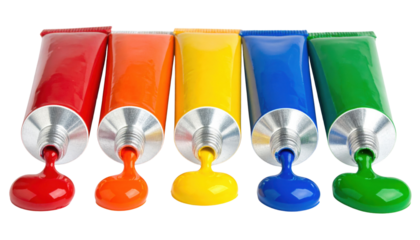 A vibrant collection of paint tubes in red, orange, yellow, blue, and green, with paint oozing out in a colorful display.