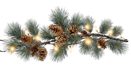 Christmas pine branch with cones and warm string lights front view isolated on transparent background high resolution PNG clipart for holiday design