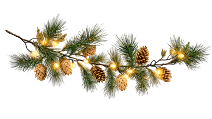 Christmas pine branch with cones and warm string lights front view isolated on transparent background high resolution PNG clipart for holiday design