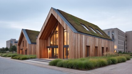 Obraz premium Modern wooden architecture with green roof and large windows in urban setting, showcasing sustainable design and contemporary aesthetics