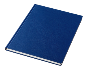 A blue hardcover notebook with a textured surface, featuring a simple design and a white page edge.