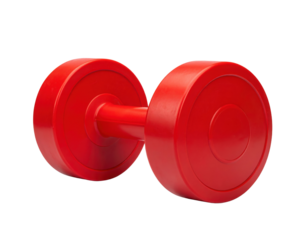 A vibrant red dumbbell designed for weight training, featuring a classic shape and smooth finish ideal for fitness enthusiasts.