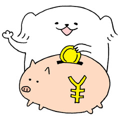 豚の貯金箱にお金を入れる犬