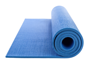 A vibrant blue yoga mat rolled up, showcasing its textured surface and rounded edges.