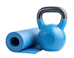 A blue kettlebell resting next to a rolled-up exercise mat, both designed for fitness activities.