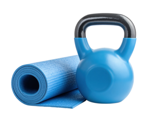 A blue kettlebell resting next to a rolled-up exercise mat, both designed for fitness activities.