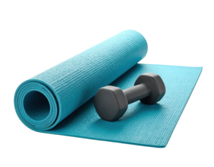A vibrant turquoise yoga mat rolled up beside a gray dumbbell, symbolizing fitness and exercise.