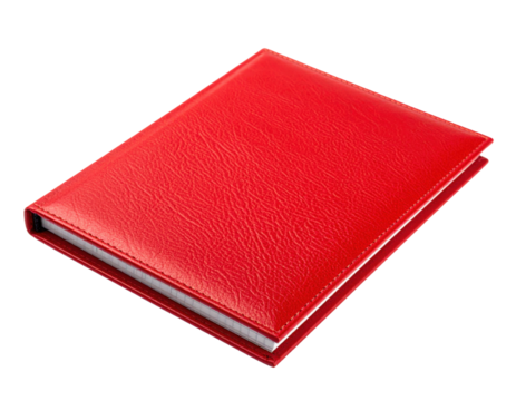 A vibrant red leather binder with a textured surface, showcasing a sleek design and a sturdy structure.