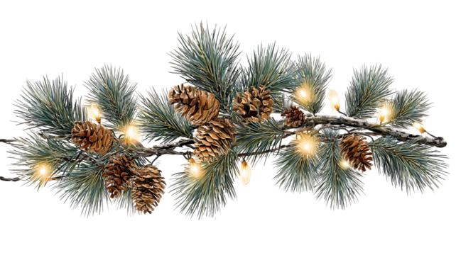 Christmas pine branch with cones and warm string lights front view isolated on transparent background high resolution PNG clipart for holiday design