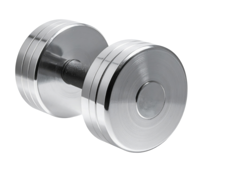 A metallic dumbbell designed for weightlifting, featuring smooth ends and a sturdy grip for effective strength training.