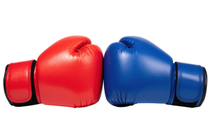 Two boxing gloves, one red and one blue, are positioned closely together, highlighting the sport's competitive nature.