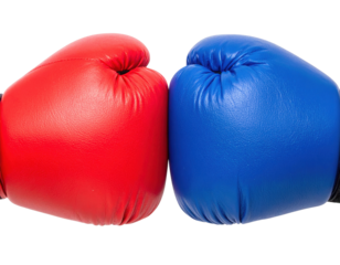 Two boxing gloves, one red and one blue, are shown closely together, emphasizing the competitive spirit of boxing.
