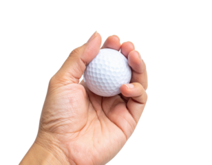A hand holds a white golf ball, showcasing its textured surface and dimples.
