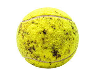 A worn yellow tennis ball with noticeable dirt and fuzz, showcasing its use and age.