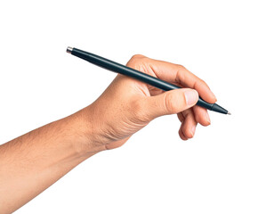 A hand holding a pen against a black background, symbolizing creativity and expression.