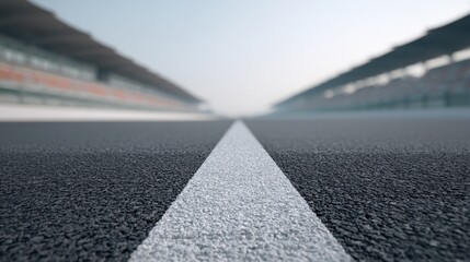 Perspective View of an Empty Race Track with a Clear Sky in the Background and Marked Lane Dividers for Sports Car Events or Motocross Competitions