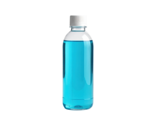 A clear plastic bottle filled with vibrant blue liquid, featuring a white cap on top.