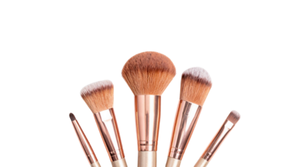 A collection of various makeup brushes with soft bristles and elegant handles, showcasing different shapes and sizes.