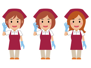 OKサインを出し、笑顔の真紅のエプロンの女性清掃員