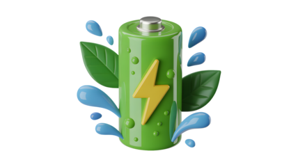 A green battery with a yellow lightning bolt surrounded by leaves and blue water droplets on black