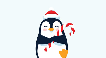 Fototapeta premium A cute cartoon penguin wearing a santa hat and holding a candy cane during winter.