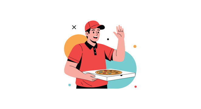A smiling delivery person holding a pizza box waves hello to the customer. - Powered by Adobe