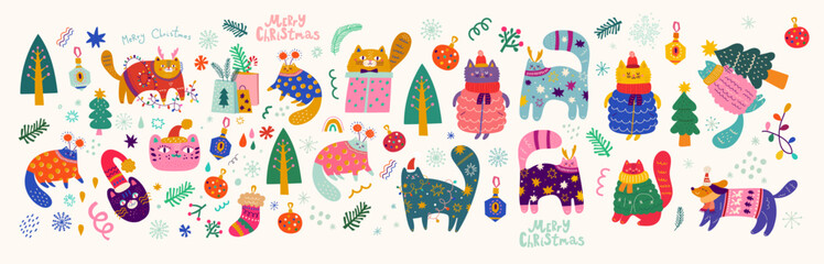 Holiday Christmas big set with funny cute cats. Christmas elements