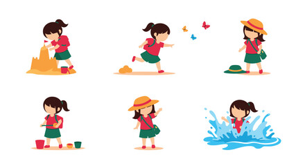 Fototapeta premium A collection of six delightful cartoon illustrations depicting a young girl enjoying various summer beach activities with joy and playful abandon.