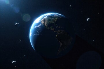 Obraz premium Remote sensing satellites orbiting Earth, collecting data for global connectivity. Stylized representation of Earth from space with multiple orbiting satellites emitting faint, glowing data streams. A