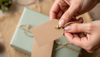 Woman attaching tag to gift box while wrapping present at home  