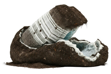 Melting glacier ice core with layers of sediment and dirt on a transparent background